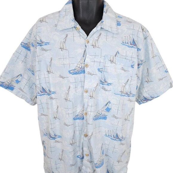 Vintage Sailing Camp Shirt Mens Size Large Blue All Over Print Route 66 Yacht - Picture 1 of 6